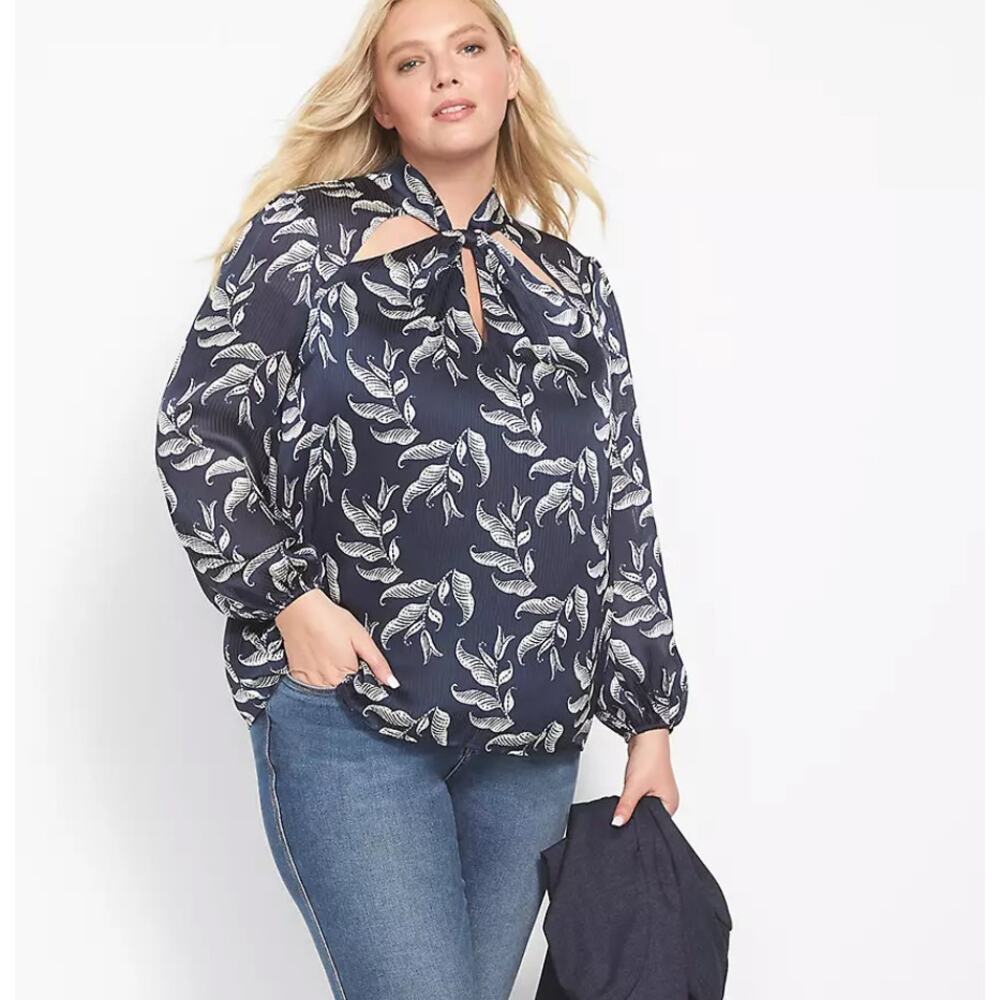 Lane Bryant Twist Mock Neck Blue Leaf Cutout Layered Blouse‎ Plus Size 16